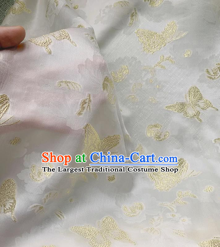 White Jacquard Satin Fabric China Classical Golden Butterfly Pattern Cheongsam Cloth Traditional Design Mulberry Silk