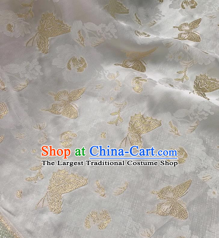 White Jacquard Satin Fabric China Classical Golden Butterfly Pattern Cheongsam Cloth Traditional Design Mulberry Silk