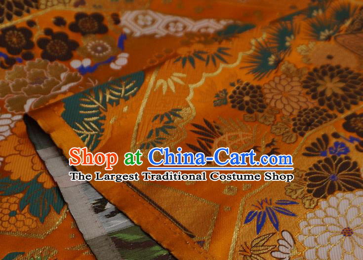Orange Japanese Kimono Drapery Traditional Brocade Fabric Classical Crane Pattern Design Nishijin Cloth
