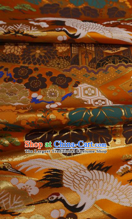 Orange Japanese Kimono Drapery Traditional Brocade Fabric Classical Crane Pattern Design Nishijin Cloth
