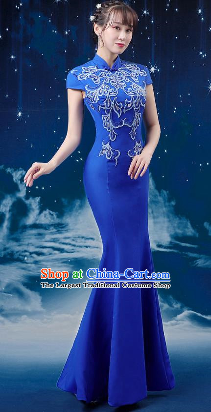 Blue Choir Costumes Femininity Stage Performance Costumes Conductor Catwalk Cheongsam Skirt Fishtail Blue and White Porcelain Dress