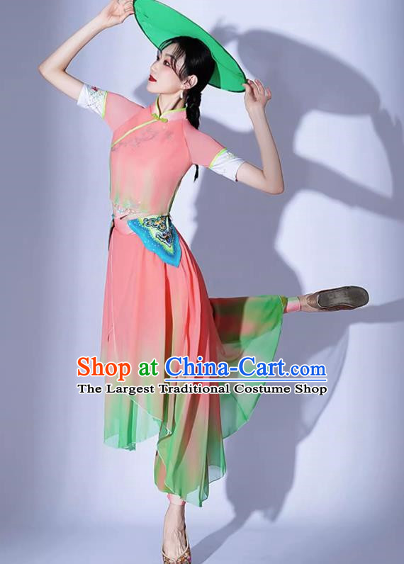 Ikbu Bridge Performance Costume Female Elegant Painting Tea Leisurely Expressive Dance Costume Jiaozhou Yangko Bamboo Hat Group Dance Tea Picking Girl