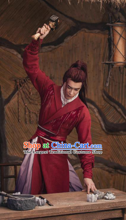 China Young Warrior Hanfu Clothing Ancient Swordsman Costumes TV Series The Starry Love La Mu Red Robes