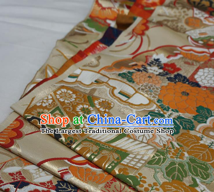 Light Golden Japanese Nishijin Cloth Kimono Material Traditional Brocade Fabric