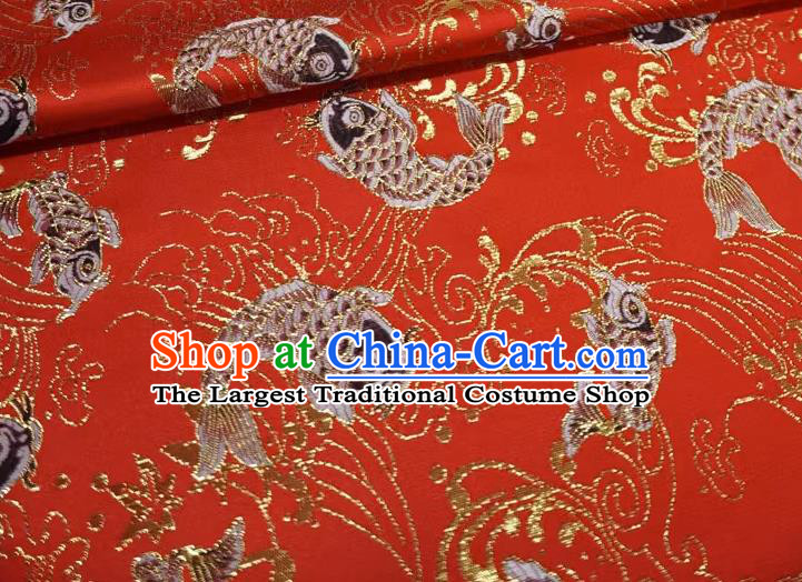 Red Chinese Classical Carps Pattern Material Traditional Design Brocade Fabric New Year Costume Cloth