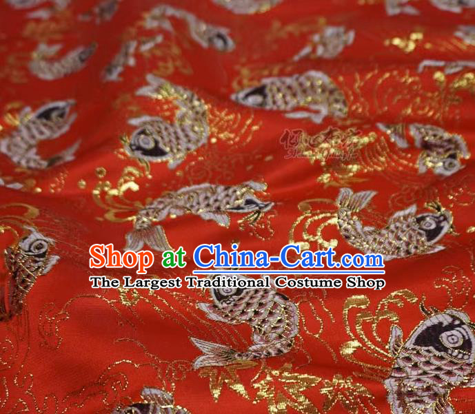 Red Chinese Classical Carps Pattern Material Traditional Design Brocade Fabric New Year Costume Cloth