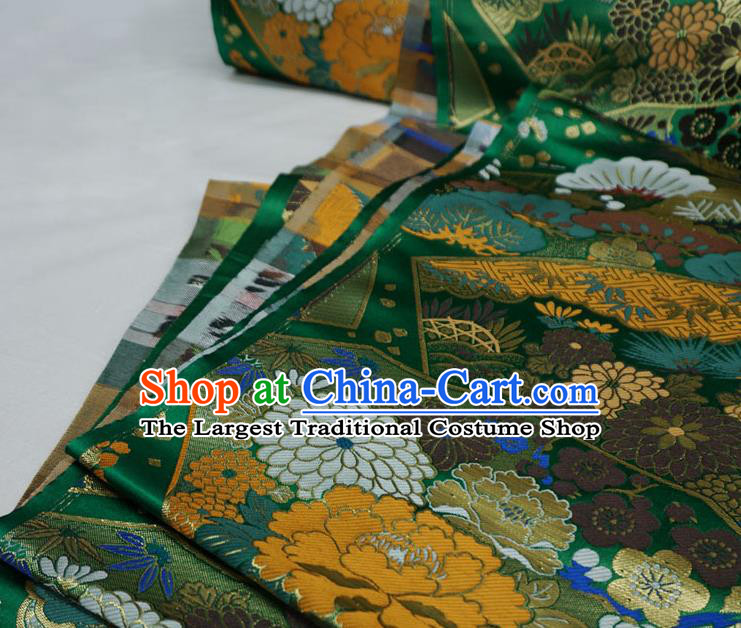Green Japanese Classical Crane Pattern Design Nishijin Cloth Kimono Drapery Traditional Brocade Fabric