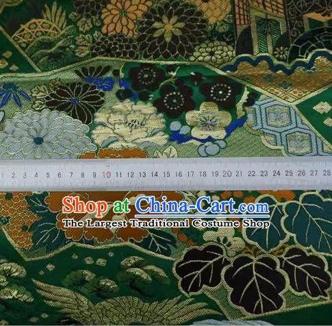 Green Japanese Classical Crane Pattern Design Nishijin Cloth Kimono Drapery Traditional Brocade Fabric