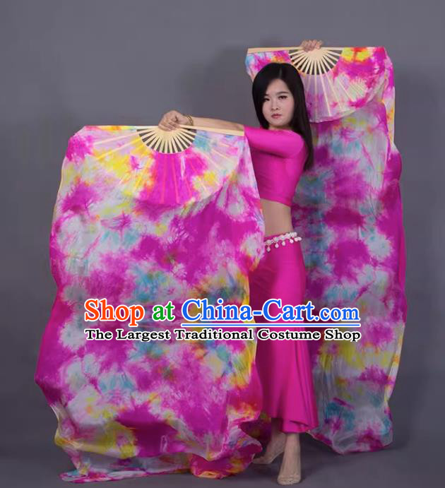Top Tie Dye Belly Dance Fan Pure Silk Long Ribbon Fan Handmade Classical Dance Megenta Fan