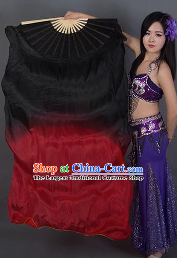 Handmade Gradient Black to Red Pure Silk Fan Classical Dance Fan Top Belly Dance Long Ribbon Fan