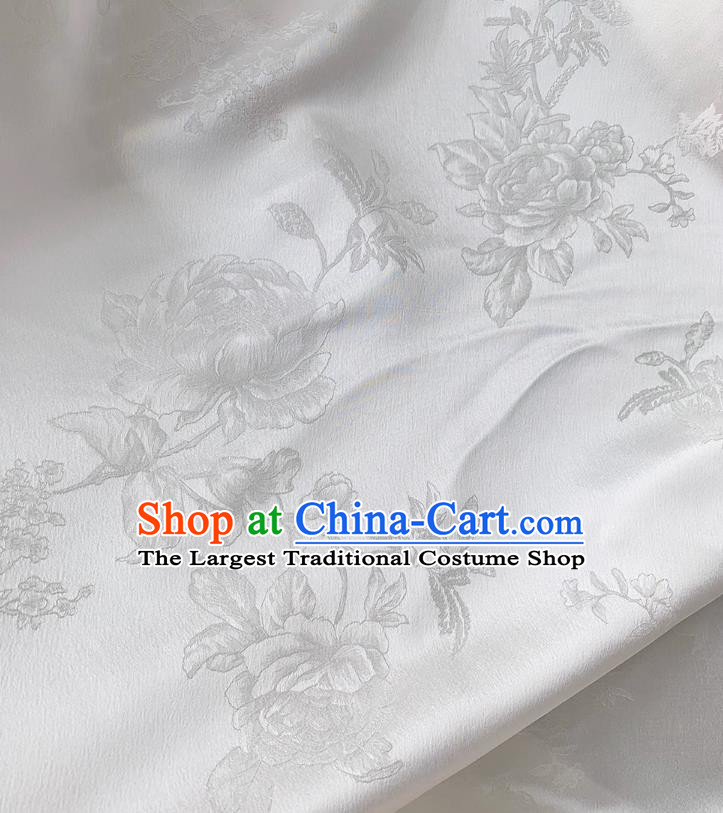 White China Classical Peony Pattern Material Cheongsam Cloth Traditional Design Mulberry Silk Jacquard Satin Fabric