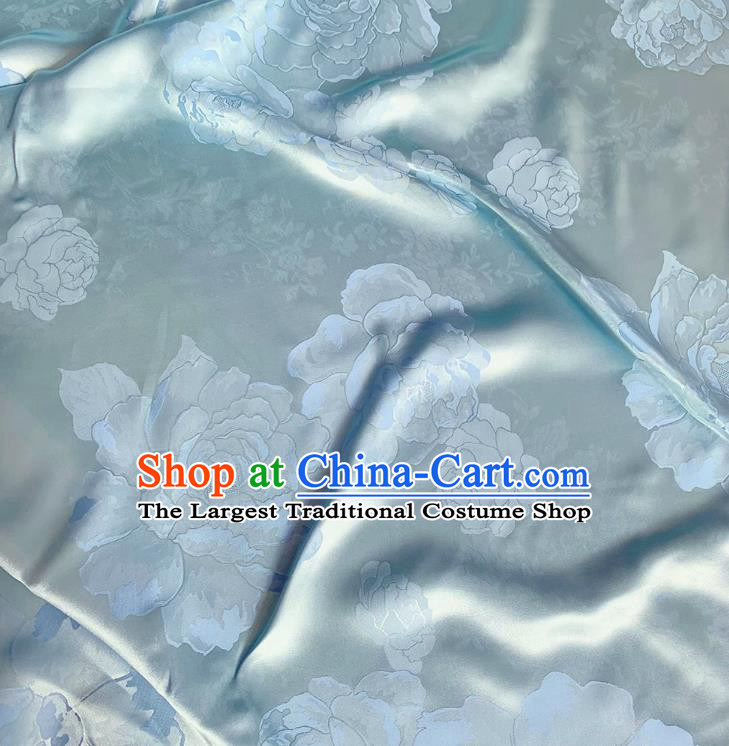 Light Blue China Cheongsam Mulberry Silk Material Jacquard Satin Fabric Traditional Peony Design Cloth