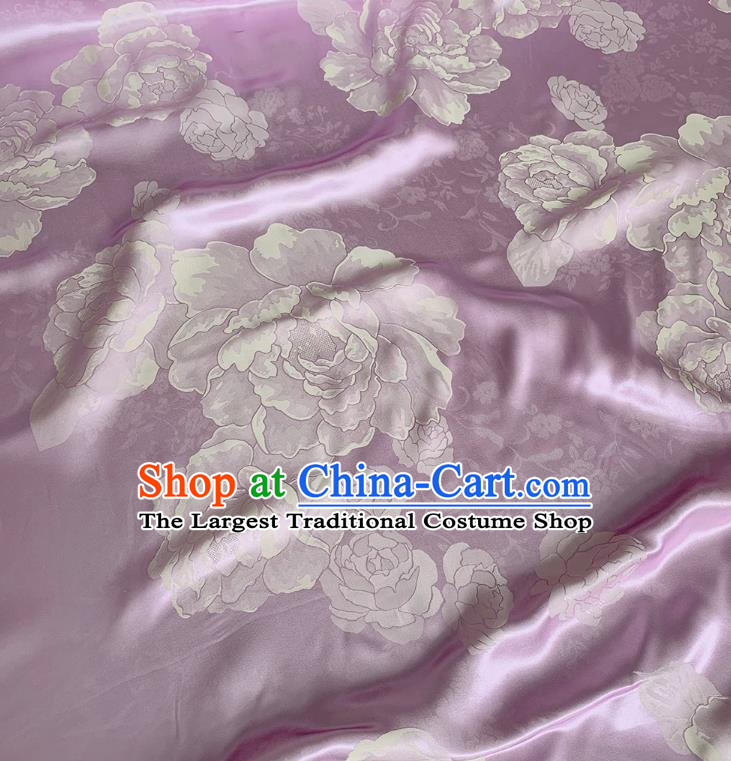 Lilac China Jacquard Satin Fabric Traditional Peony Design Cheongsam Cloth Mulberry Silk Material