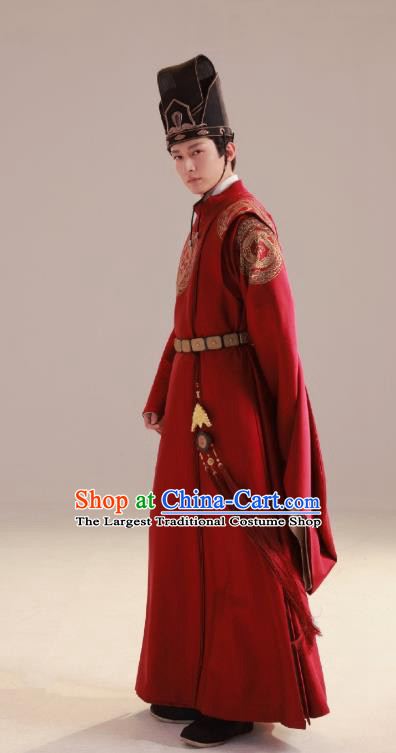 China Ancient Official Red Clothing TV Series Destined Chang Feng Du Luo Zi Shang Replica Garments Song Dynasty Scholar Costumes and Headdress