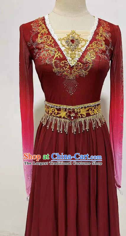 Professional Uyghur Nationality Dance Red Dress Ethnic Woman Dancing Clothing China Stage Performance Costume