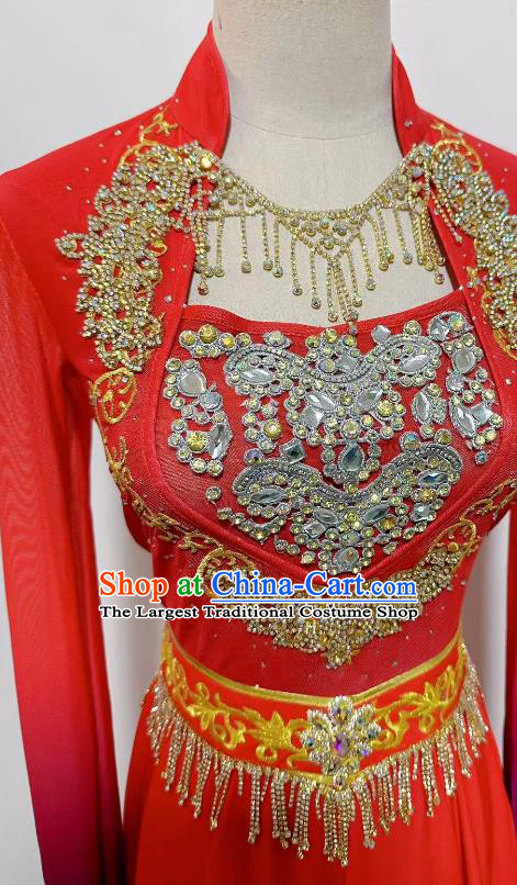 Professional Stage Performance Costume China Uyghur Nationality Dance Red Dress Xinjiang Ethnic Dance Clothing