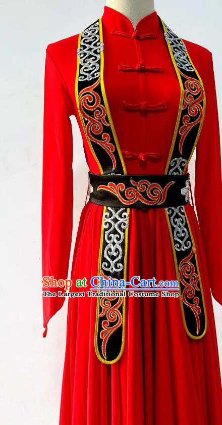 China Mongol Nationality Dance Red Dress Ethnic Woman Dance Clothing Professional Mongolian Stage Performance Costume
