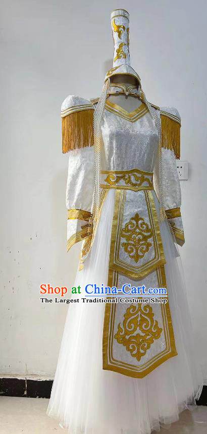 Professional Mongolian Wedding Clothing Ethnic Stage Performance Costume China Mongol Nationality Dance White Dress