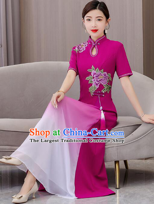 Chinese Embroidered Peony Aodai Dress National Clothing Long Cheongsam Modern Fancywork Megenta Qipao