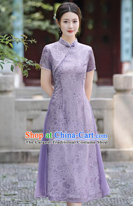 Chinese Summer Purple Cheongsam Classical Qipao Aodai Dress National Clothing