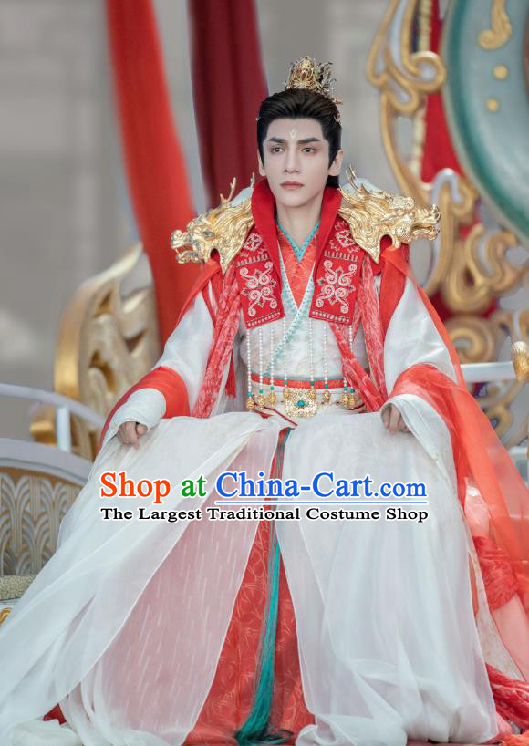 China Ancient Childe Wedding Costumes Till The End of The Moon Xianxia Drama Demon Lord Tantai Jin Red Clothing Complete Set