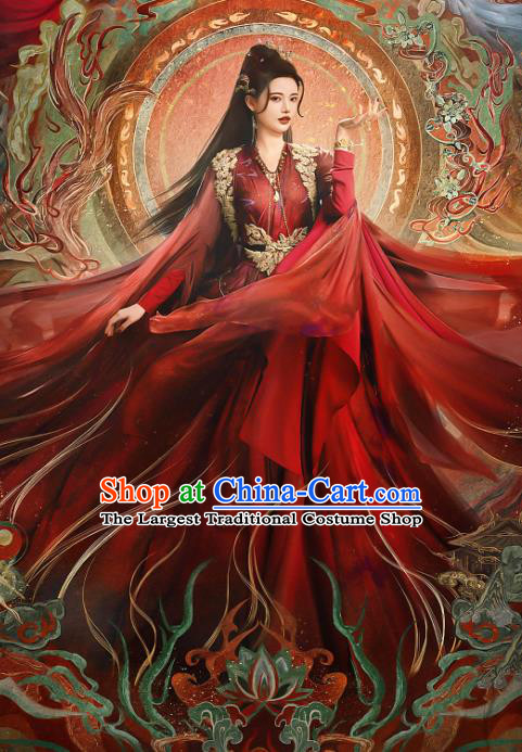 China Ancient Nine Tails Fox Fairy Costumes Till The End of The Moon Xianxia Drama Swordswoman Pian Ran Red Dresses Clothing