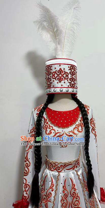 China Kazak Nationality Dance Clothing Taoli Cup Xinjiang Ethnic Dance White Dress Woman Solo Stage Performance Costume