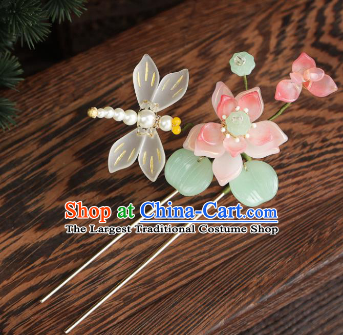 China Ancient Princess Hair Jewelry Handmade Song Dynasty Lotus Dragonfly Hairpin Hanfu Hair Stick