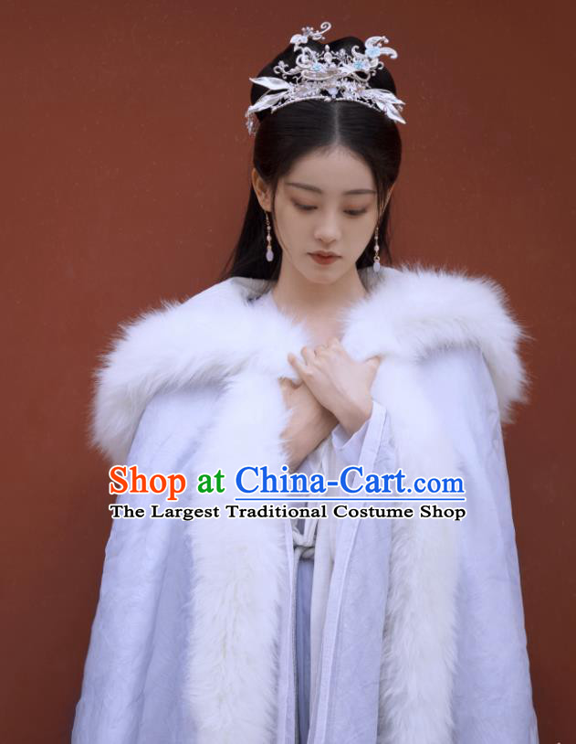 China Winter Hanfu Clothing Ancient Princess Costumes Romantic TV Series Miss The Dragon Goddess Liu Ying Lilac Dress and Cloak