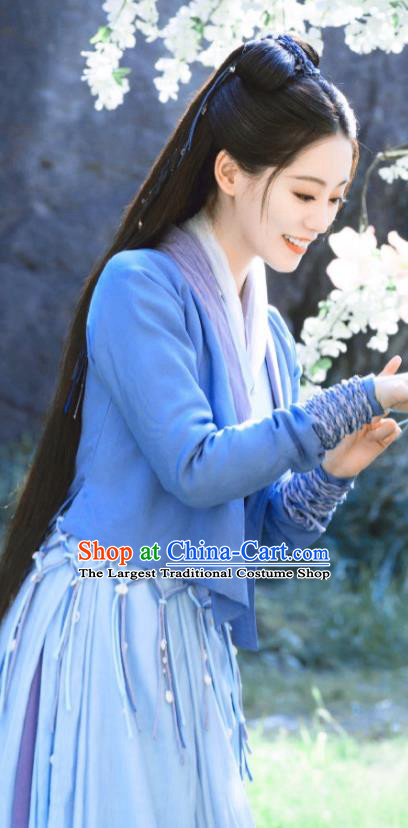 Romantic TV Series Miss The Dragon Goddess Liu Ying Blue Dress China Young Lady Hanfu Clothing Ancient Swordswoman Costumes