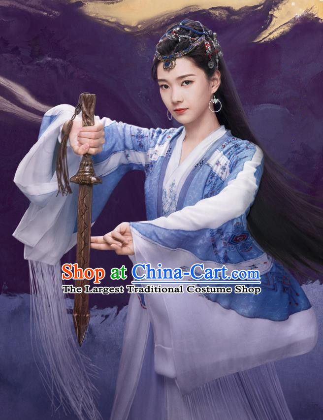 China Ancient Swordswoman Costumes Wuxia Blue Dress Romance Drama The Journey of Chong Zi Superheroine Yan Zhen Zhu Clothing