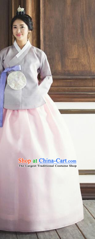 Handmade Court Hanbok Grey Top and Pink Dress Traditional Couple Costumes Korean Ancient Bride Clothing Complete Set