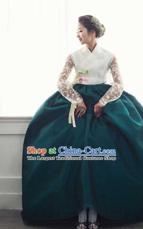 Korean Traditional Woman Costumes Ancient Bride Clothing Handmade Hanbok White Lace Top and Dark Green Dress Complete Set