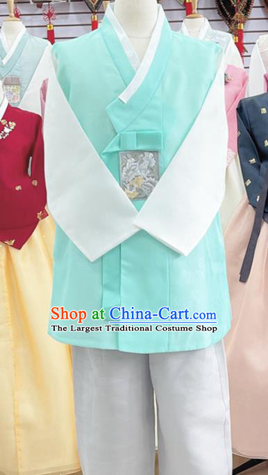 Korean Traditional Stage Performance Costumes Handmade Male Hanbok Ancient Groom Light Green Outfit Clothing Complete Set