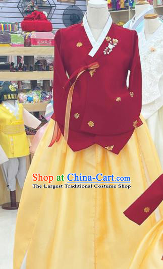 Korean Traditional Stage Performance Costumes Handmade Woman Hanbok Court Mother Outfit Red Shirt and Yellow Dress Complete Set