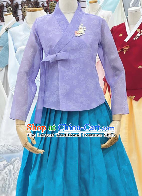 Handmade Woman Hanbok Korean Traditional Costumes Informal Outfit Purple Shirt and Blue Dress Complete Set