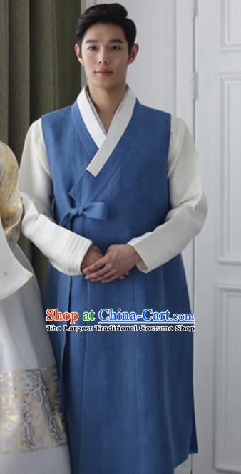 Korean Ancient Groom Clothing Traditional Costumes Handmade Court Hanbok Blue Vest White Top and Pants Complete Set