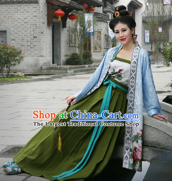 China Traditional Hanfu Blue Beizi and Green Skirt Ming Dynasty Young Woman Costumes Ancient Noble Mistress Clothing