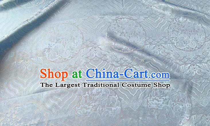 Light Blue Traditional Hanfu Silk Material Chinese Classical Round Dragon Pattern Silk Fabric Cheongsam Cloth