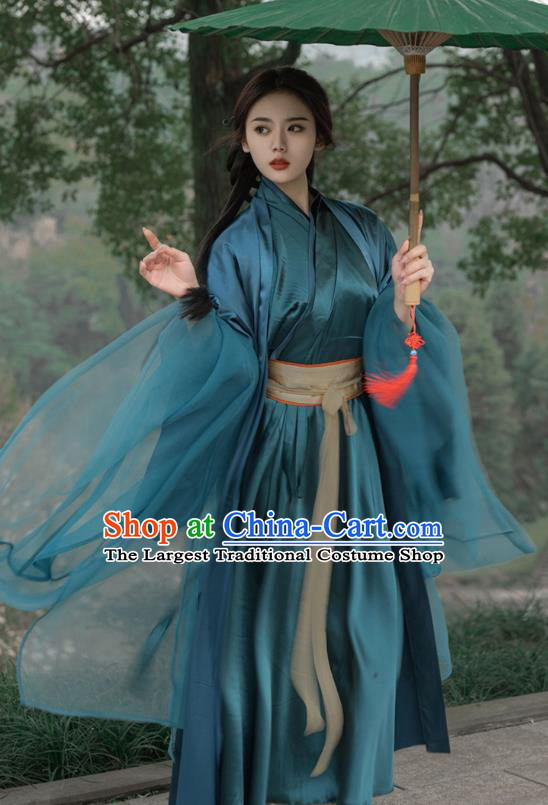 China Traditional Hanfu Dark Green Dresses Southern and Northern Dynasties Young Woman Costumes Ancient Female Swordsman Clothing