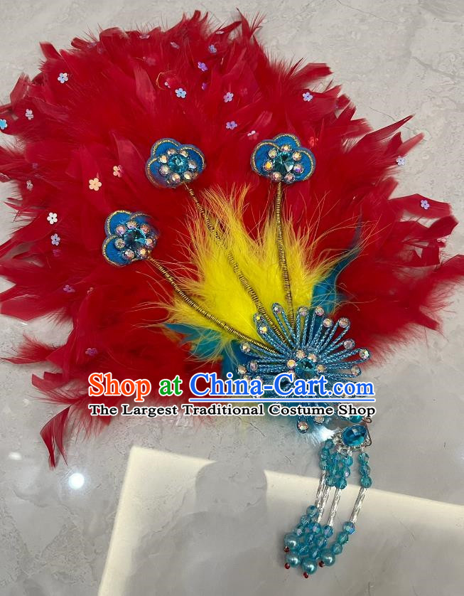 Red Big Yangko Crested Head Wearing A Flower Crown With Thicker Feathers And Multi Purpose Peacock Feather Square Dance Hairpin