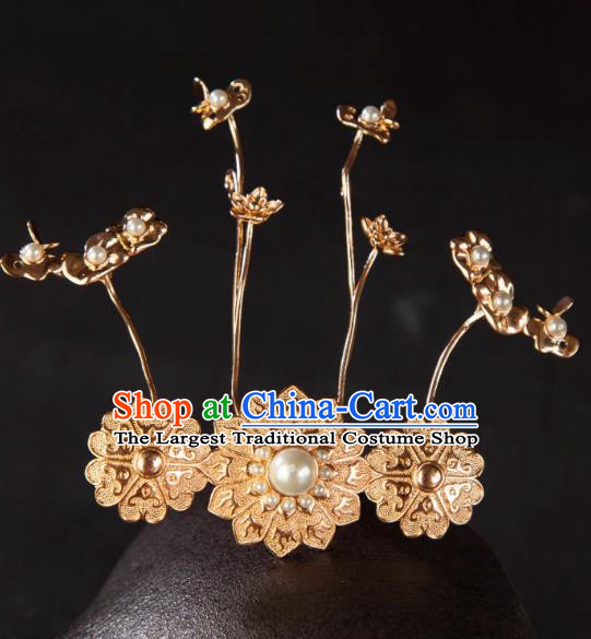 China Ancient Empress Golden Hair Crown Tang Dynasty Court Woman Pearl Lotus Leaf Hair Jewelry Handmade Hanfu Headpiece
