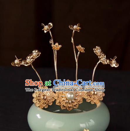 China Ancient Empress Golden Hair Crown Tang Dynasty Court Woman Pearl Lotus Leaf Hair Jewelry Handmade Hanfu Headpiece