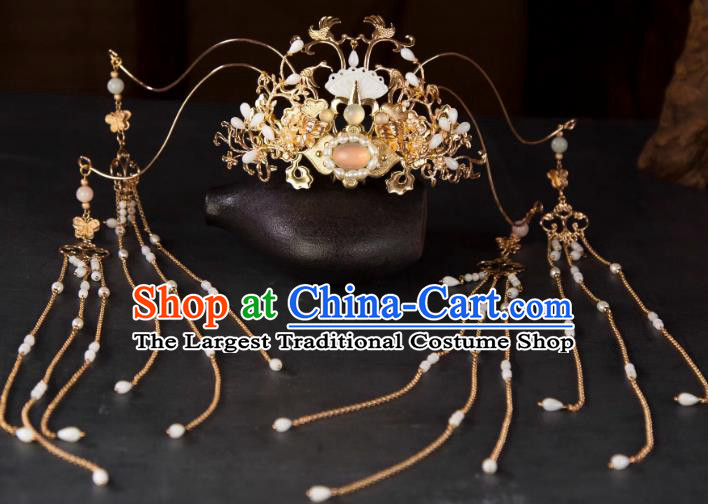 China Handmade Hanfu Headpieces Ancient Fairy Tassel Hairpins and Crown Tang Dynasty Court Woman Hair Jewelries
