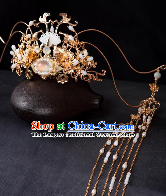 China Handmade Hanfu Headpieces Ancient Fairy Tassel Hairpins and Crown Tang Dynasty Court Woman Hair Jewelries