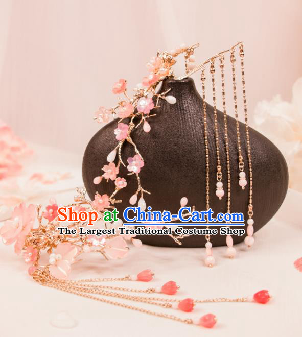 China Tang Dynasty Princess Ear Accessories Handmade Hanfu Ear Jewelries Ancient Fairy Pink Plum Earrings