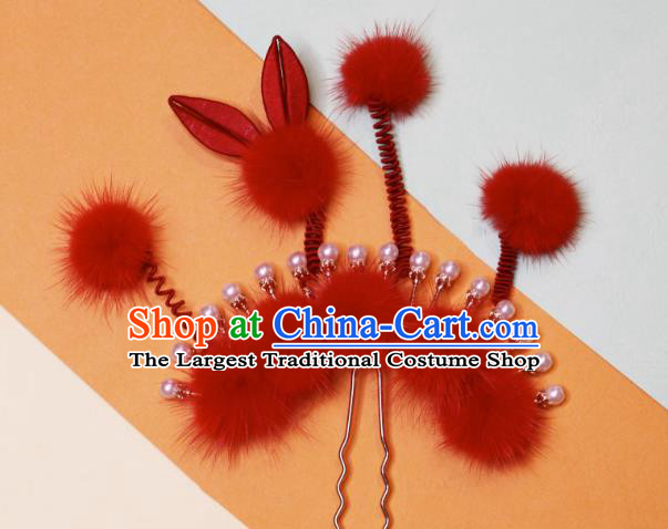 China Ming Dynasty Princess Hairpin Handmade Hanfu Red Rabbit Hair Stick Ancient Young Woman Hair Jewelry