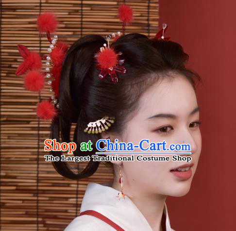 China Ming Dynasty Princess Hairpin Handmade Hanfu Red Rabbit Hair Stick Ancient Young Woman Hair Jewelry