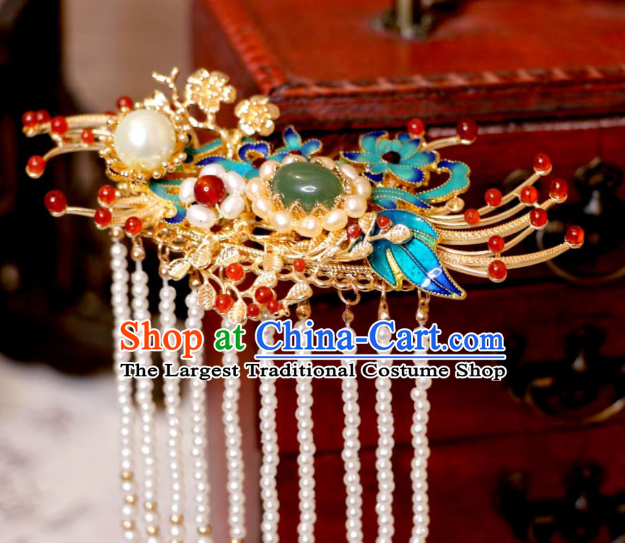 China Ming Dynasty Noble Woman Hair Crown and Hairpins Handmade Hanfu Jade Hair Jewelries Ancient Empress Headdress