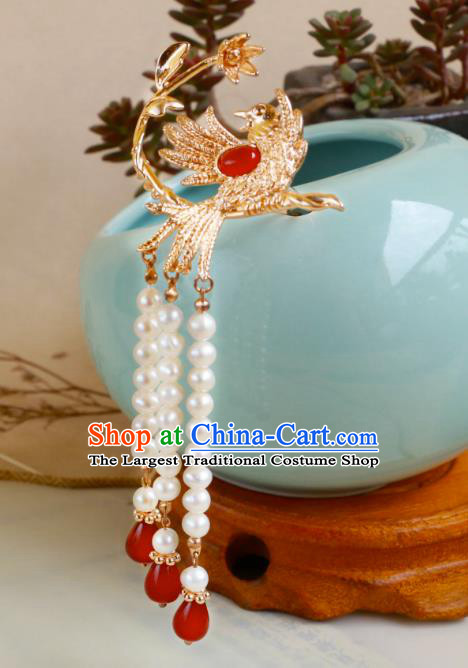 China Handmade Hanfu Golden Hair Stick Ancient Empress Phoenix Hairpin Ming Dynasty Noble Woman Hair Jewelry